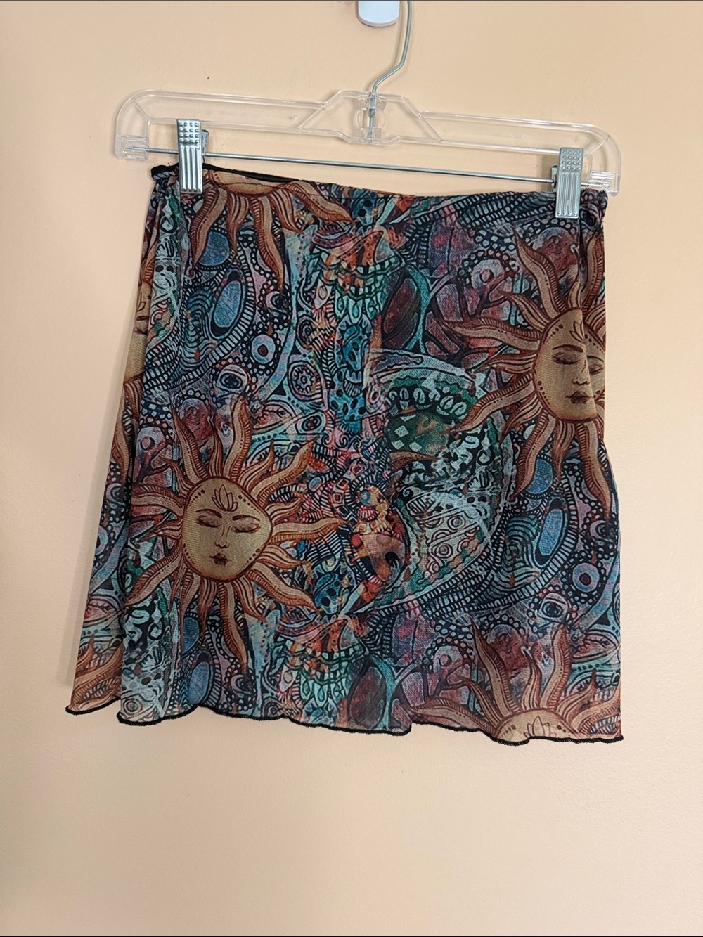 Bohemian Sun-Print Blue & Tan Sheer Mini Skirt